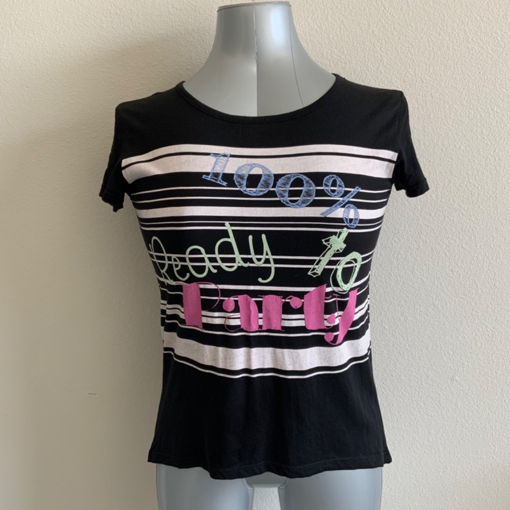 Women’s 100% Ready to Party Black & White Stripes Cotton T-shirt size S/M - Picture 2 of 8
